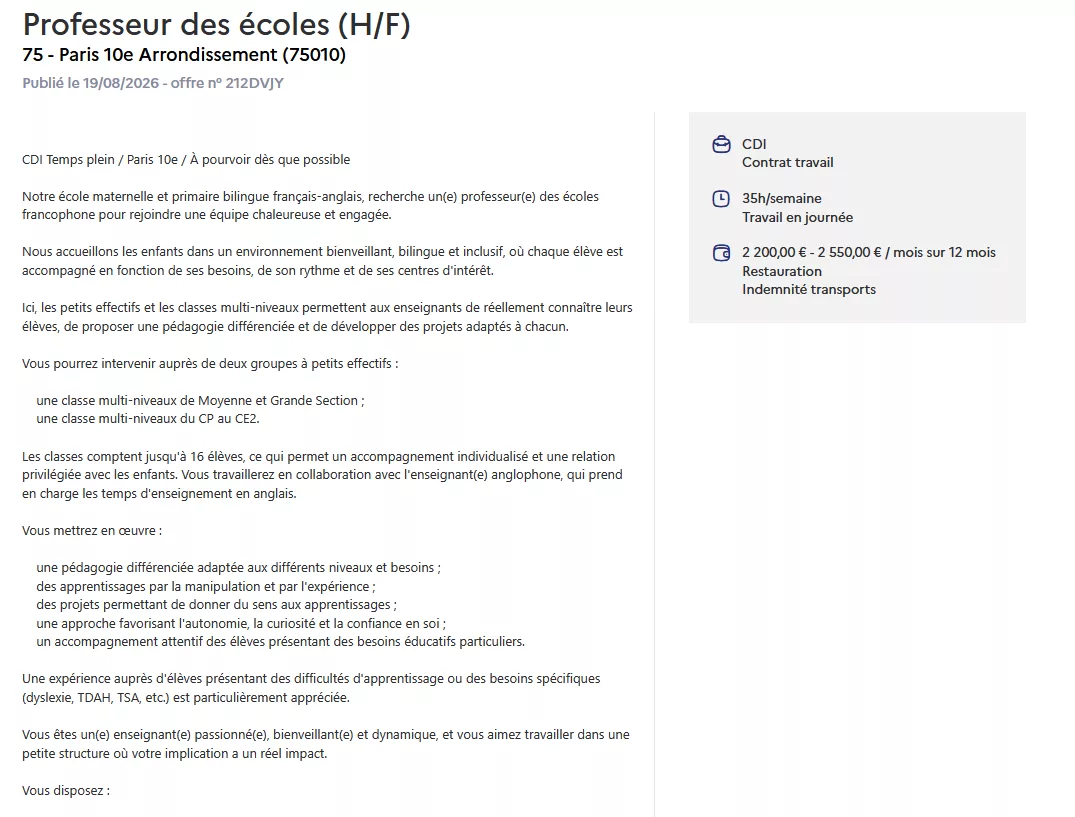 Poste professeur des écoles