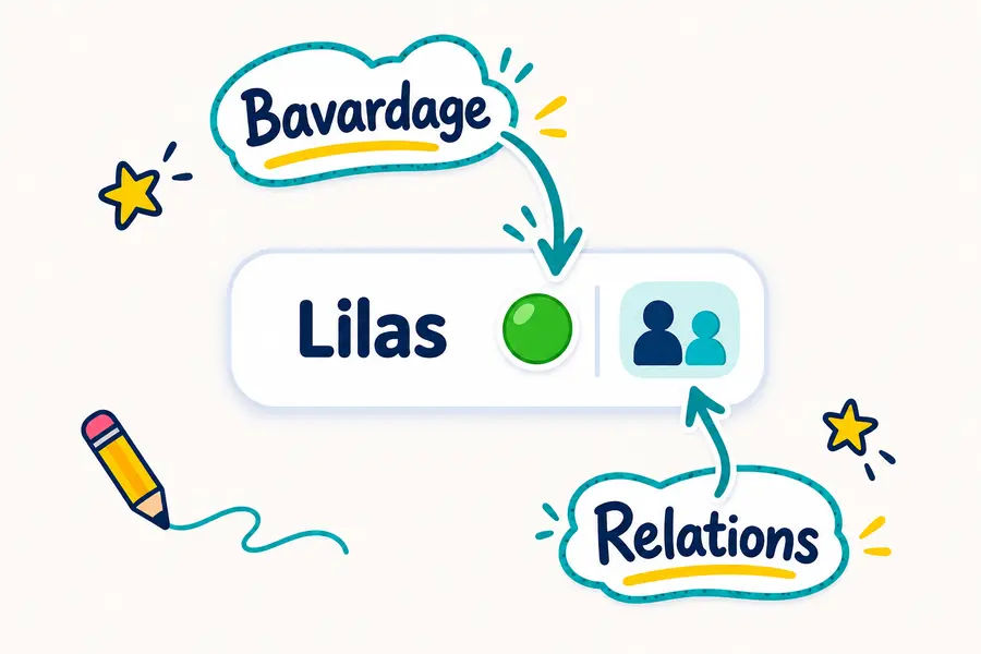 Exemple de carte de Lilas : la pastille colorée indique son niveau de bavardage et le bouton avec deux personnes ouvre ses relations.