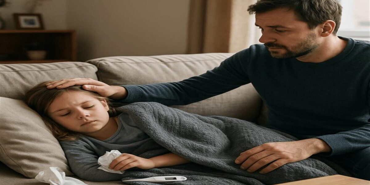 Parent gardant un enfant malade à la maison, image horizontale d'article