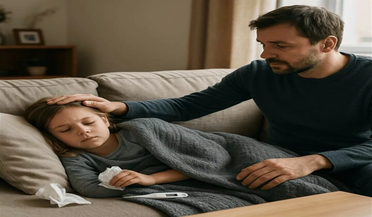 Parent gardant un enfant malade à la maison, image horizontale d'article