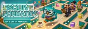 Esquive Formation, jeu scolaire avec chouette turquoise poursuivie par IEN et CPC