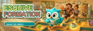 Esquive Formation, jeu scolaire avec la chouette turquoise poursuivie par IEN et CPC