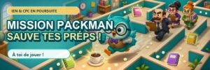 Mission Packman : sauve tes preps, jeu scolaire avec chouette turquoise poursuivie par IEN et CPC