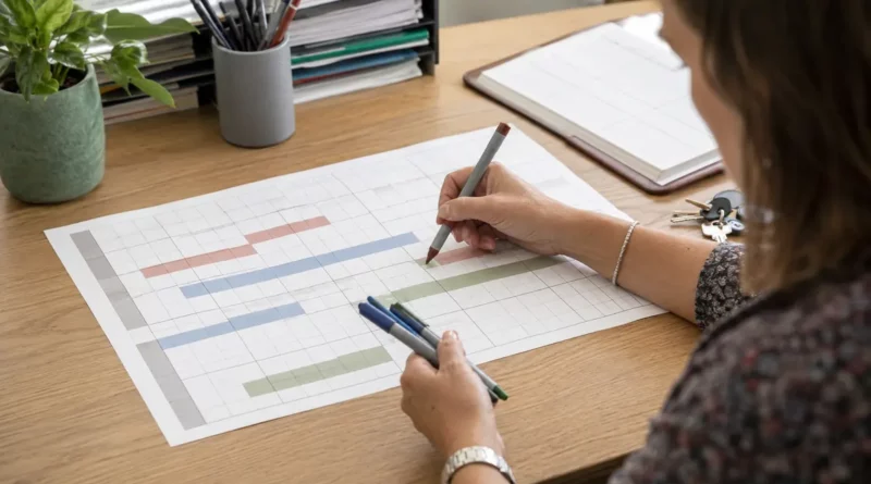 Enseignante consultant un calendrier scolaire sur une table