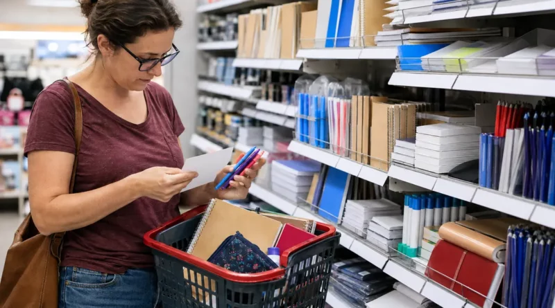 Parent choisissant des fournitures scolaires dans un magasin