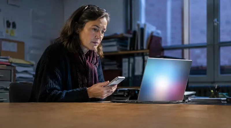 Enseignante préoccupée devant son ordinateur après les cours