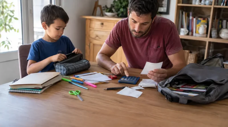 Parent et enfant préparant le budget des fournitures scolaires