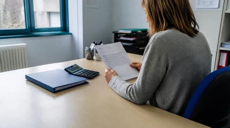 Personnelle de l’Éducation nationale étudiant un document de rupture conventionnelle