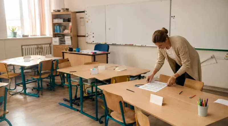 Enseignante préparant un plan de classe dans une salle vide
