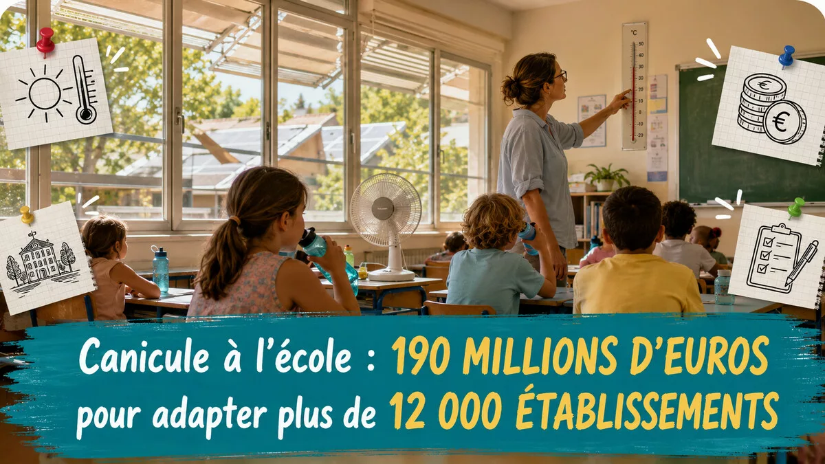 Une classe confrontée à la chaleur avec ventilateur, gourdes et protections solaires