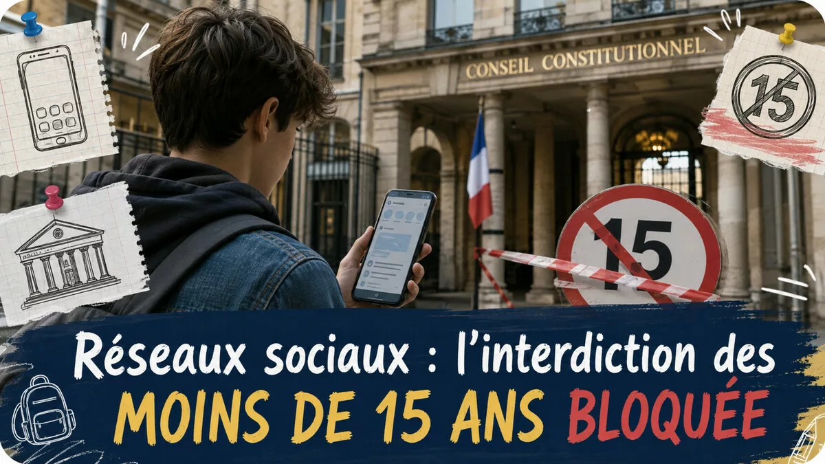 Un adolescent consulte un smartphone devant le Conseil constitutionnel, avec le titre sur l’interdiction des réseaux sociaux aux moins de 15 ans bloquée