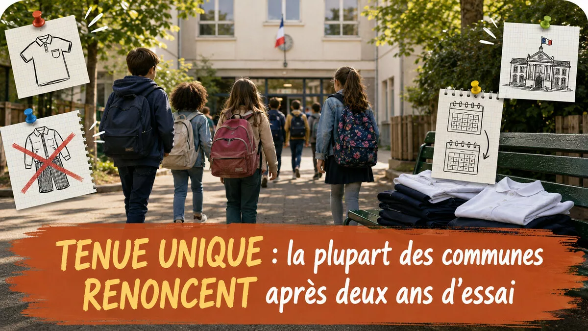 Des élèves en vêtements variés arrivent à l’école tandis que des tenues uniques restent sur un banc