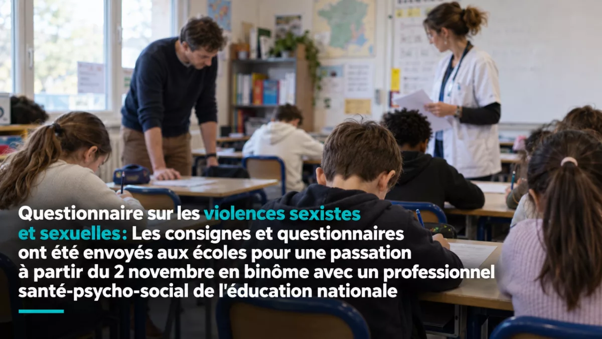 Questionnaire sur les violences sexistes et sexuelles: Les consignes et questionnaires ont été envoyés aux écoles pour une passation à partir du 2 novembre en binôme avec un professionnel santé-psycho-social de l'éducation nationale